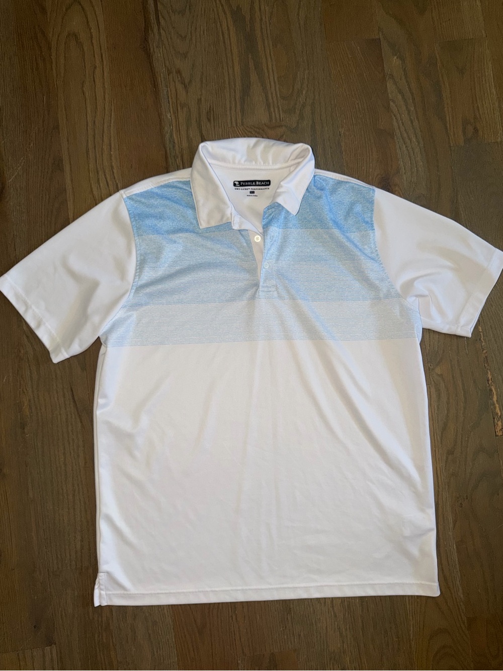 Pebble Beach men’s White Polo Light Blue Chest Gradient stripes Sz XL